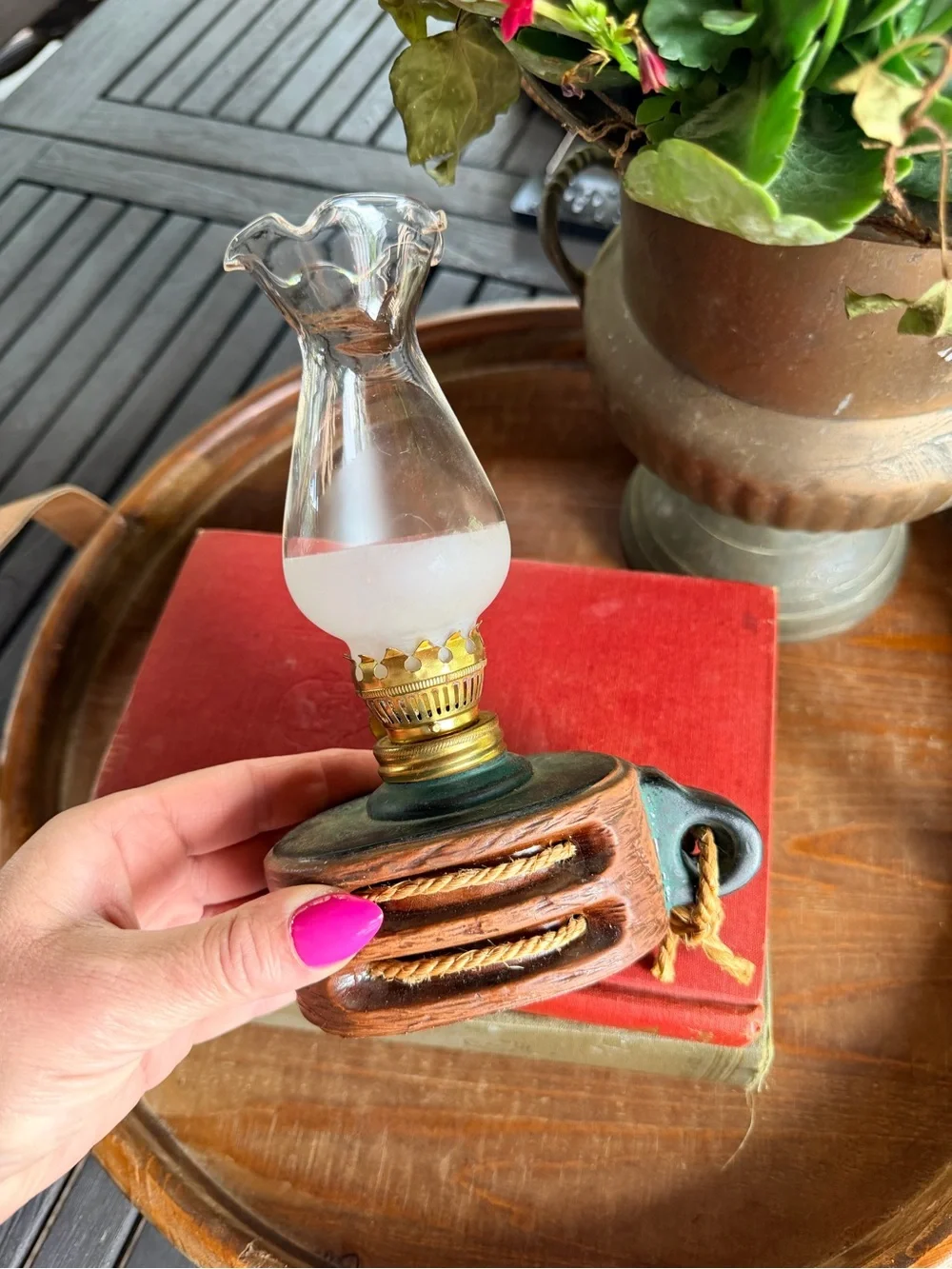 Vintage Rustic Wooden Rope Accent Oil Lamp